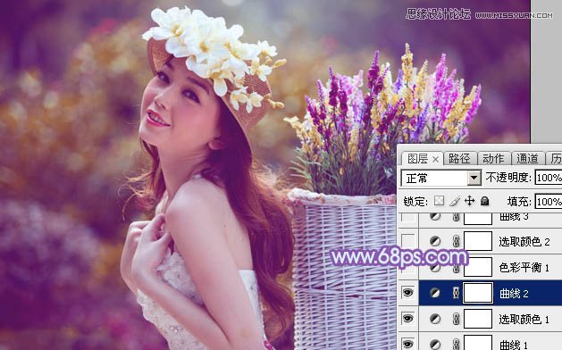 Photoshop调出背着草楼女孩梦幻紫色调
