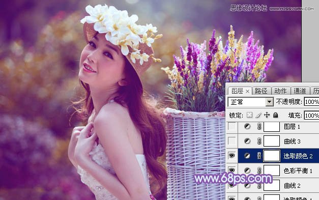 Photoshop调出背着草楼女孩梦幻紫色调
