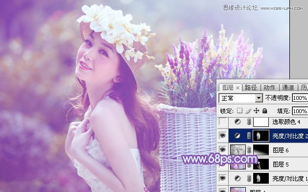 Photoshop调出背着草楼女孩梦幻紫色调