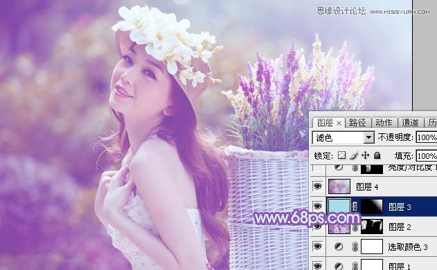 Photoshop调出背着草楼女孩梦幻紫色调