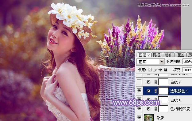 Photoshop调出背着草楼女孩梦幻紫色调