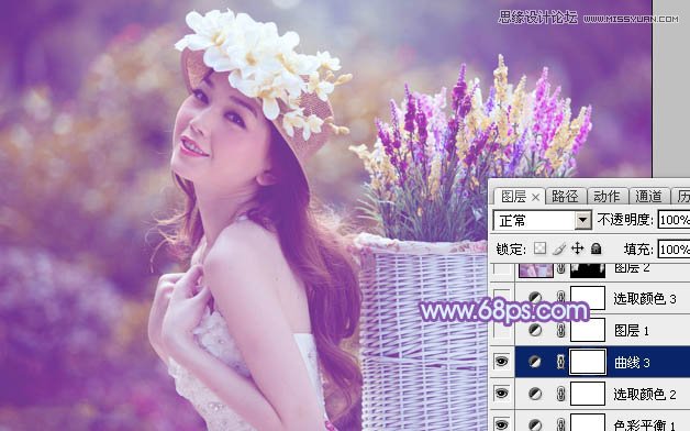 Photoshop调出背着草楼女孩梦幻紫色调