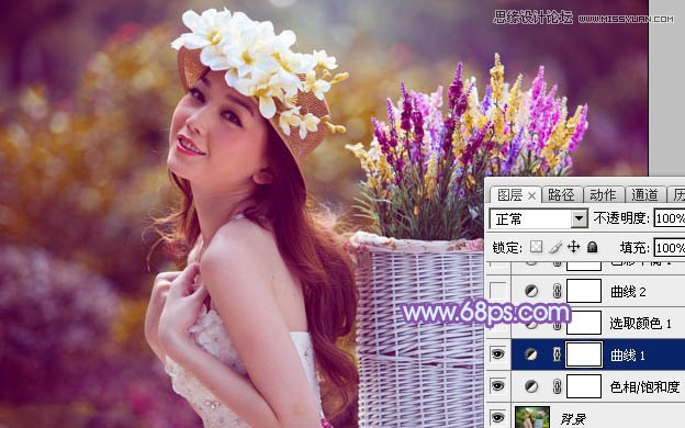 Photoshop调出背着草楼女孩梦幻紫色调