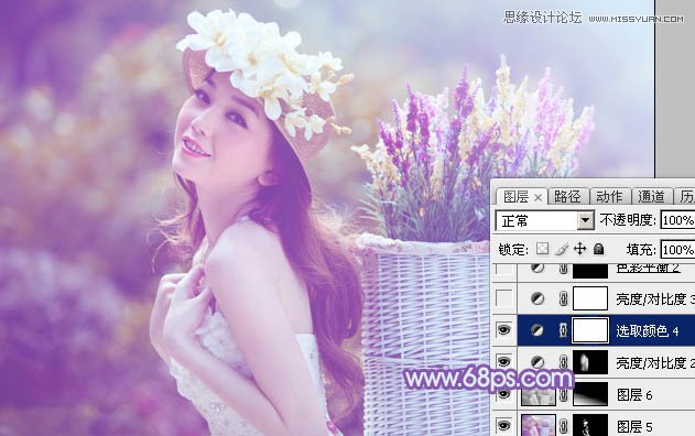 Photoshop调出背着草楼女孩梦幻紫色调