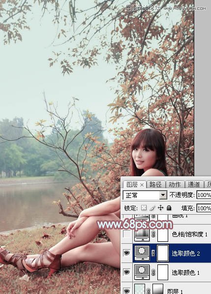Photoshop调出河边美女另类淡红肤色效果