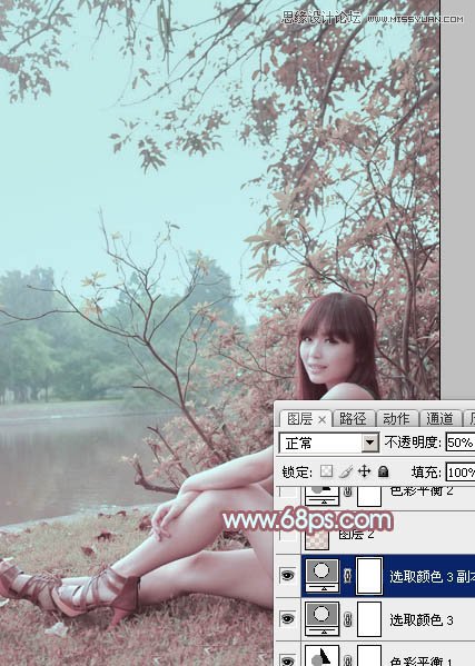 Photoshop调出河边美女另类淡红肤色效果