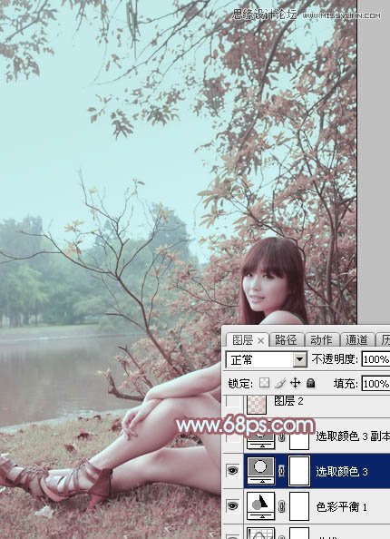 Photoshop调出河边美女另类淡红肤色效果