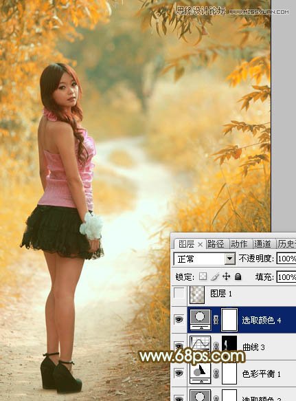 Photoshop调出树林下美女秋季金黄色场景
