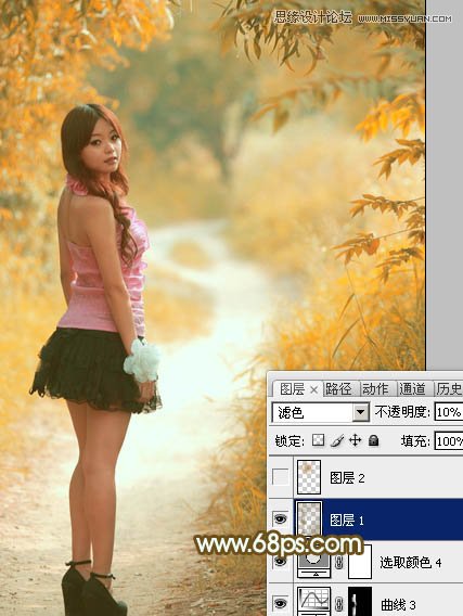 Photoshop调出树林下美女秋季金黄色场景