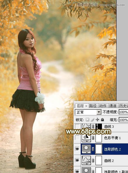 Photoshop调出树林下美女秋季金黄色场景