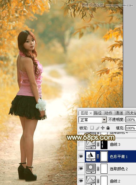 Photoshop调出树林下美女秋季金黄色场景