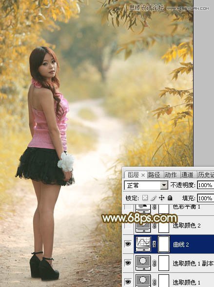 Photoshop调出树林下美女秋季金黄色场景