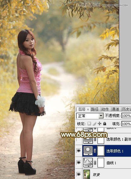 Photoshop调出树林下美女秋季金黄色场景