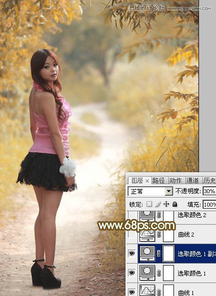 Photoshop调出树林下美女秋季金黄色场景