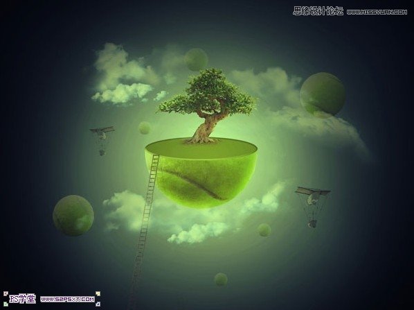 Photoshop合成在悬浮在空中的绿色大树