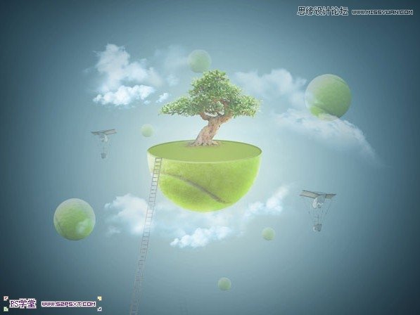 Photoshop合成在悬浮在空中的绿色大树