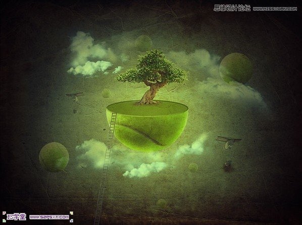 Photoshop合成在悬浮在空中的绿色大树