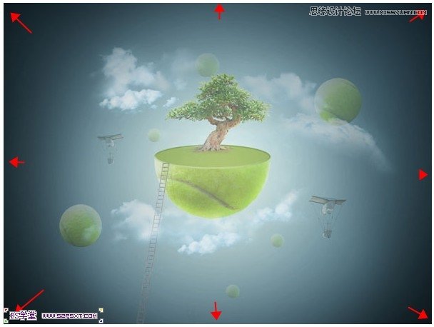 Photoshop合成在悬浮在空中的绿色大树