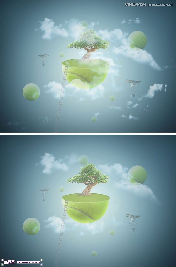 Photoshop合成在悬浮在空中的绿色大树