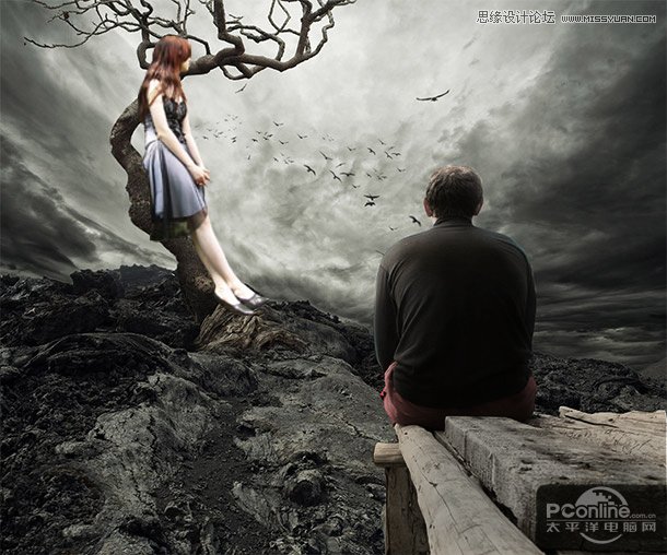 Photoshop合成在枯树下分手的情侣场景