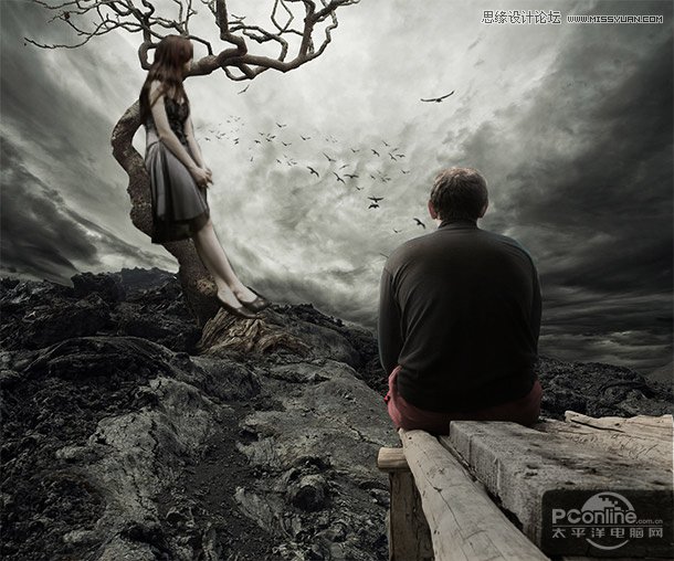 Photoshop合成在枯树下分手的情侣场景