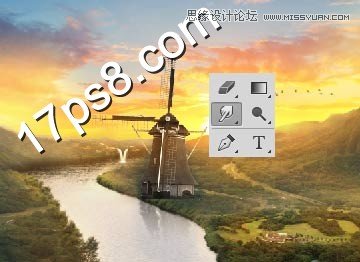 Photoshop合成山谷美丽的风车美景