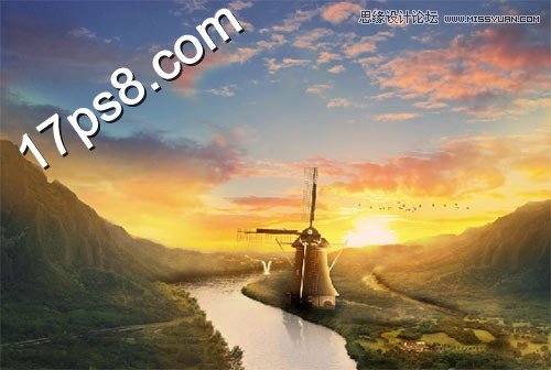 Photoshop合成山谷美丽的风车美景
