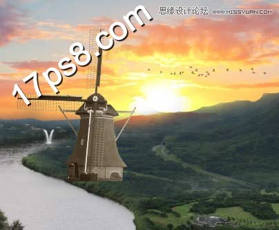 Photoshop合成山谷美丽的风车美景