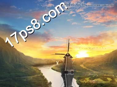 Photoshop合成山谷美丽的风车美景