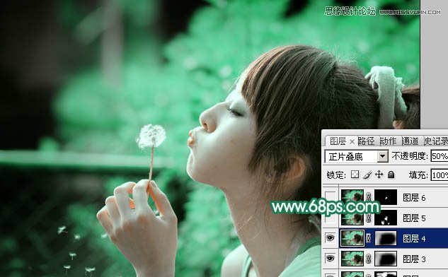 Photoshop使用通道替换调出美女青色效果