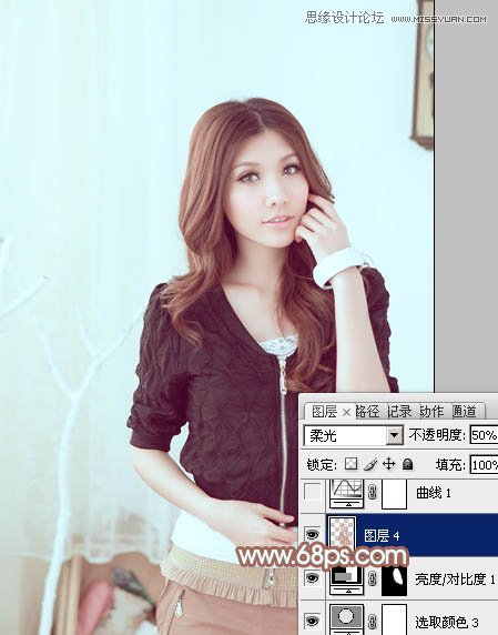 Photoshop调出甜美女孩淡青色调