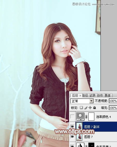 Photoshop调出甜美女孩淡青色调