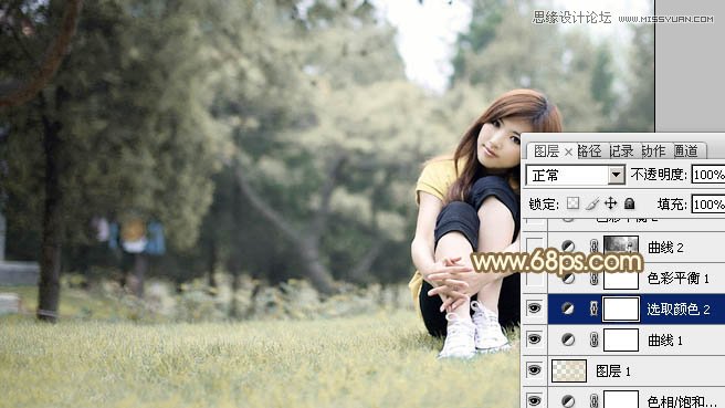 Photoshop调出草地上美女朦胧的淡黄色调