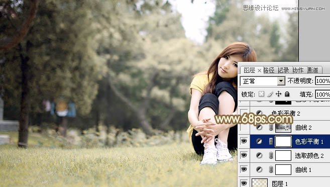 Photoshop调出草地上美女朦胧的淡黄色调