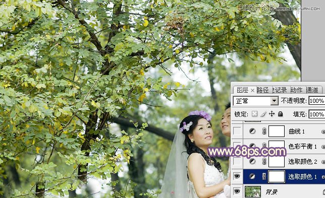 Photoshop调出林下婚片秋季金黄色调