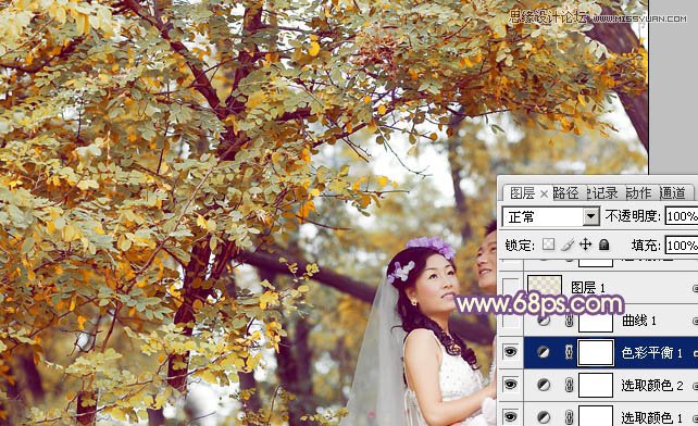 Photoshop调出林下婚片秋季金黄色调