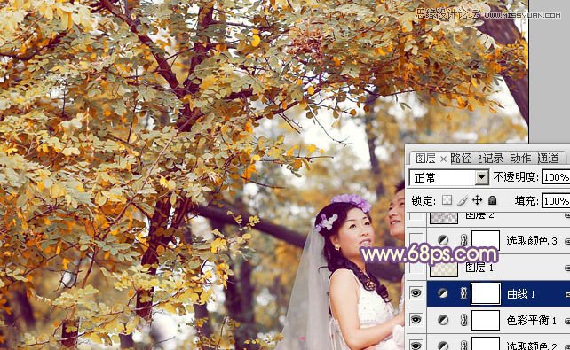 Photoshop调出林下婚片秋季金黄色调