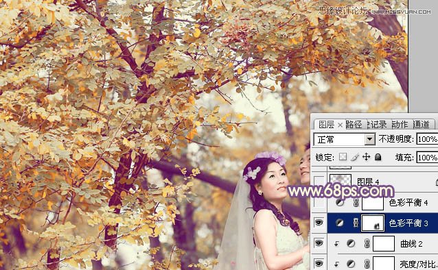 Photoshop调出林下婚片秋季金黄色调