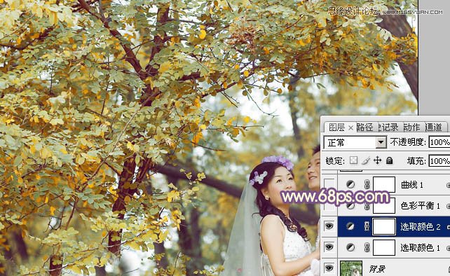 Photoshop调出林下婚片秋季金黄色调