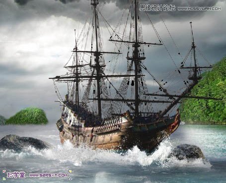 Photoshop合成海边古船下神秘的鱼美人