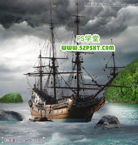 Photoshop合成海边古船下神秘的鱼美人