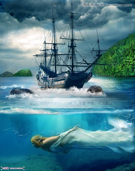Photoshop合成海边古船下神秘的鱼美人