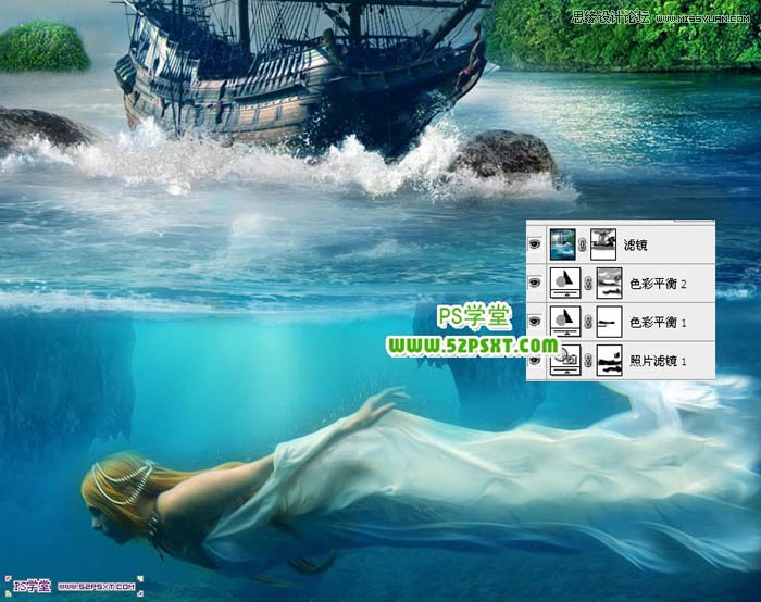 Photoshop合成海边古船下神秘的鱼美人