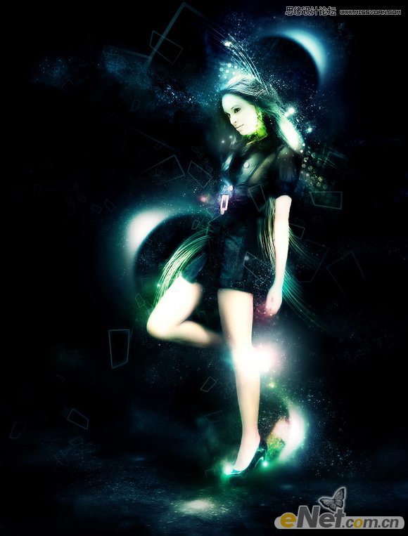 Photoshop绘制炫彩光线背景的美女海报