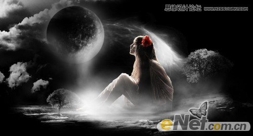 Photoshop合成月光下落寞的美女梦幻场景效果