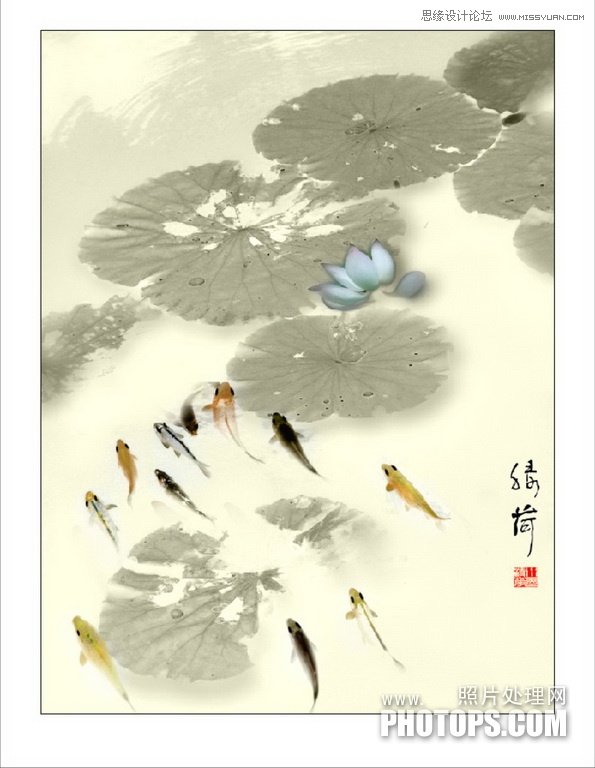 Photoshop使用废弃的荷花图制作戏鱼图封面