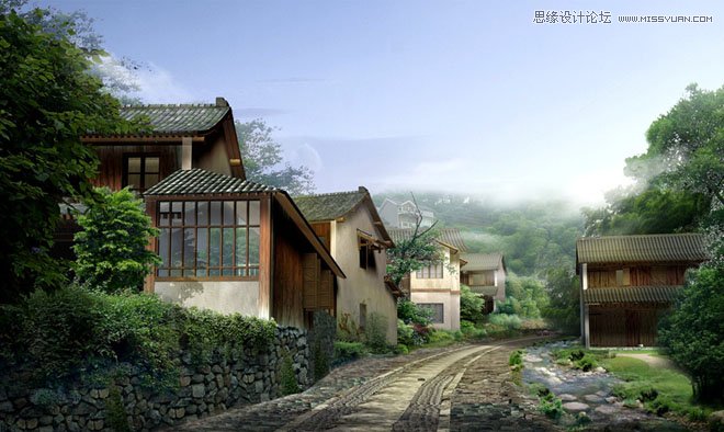 Photoshop设计江南房屋水面倒影效果