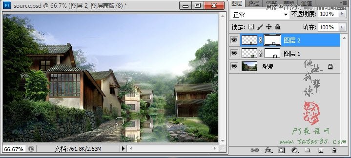 Photoshop设计江南房屋水面倒影效果