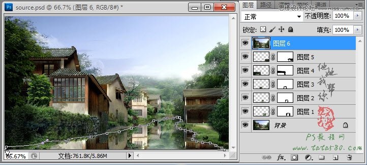 Photoshop设计江南房屋水面倒影效果