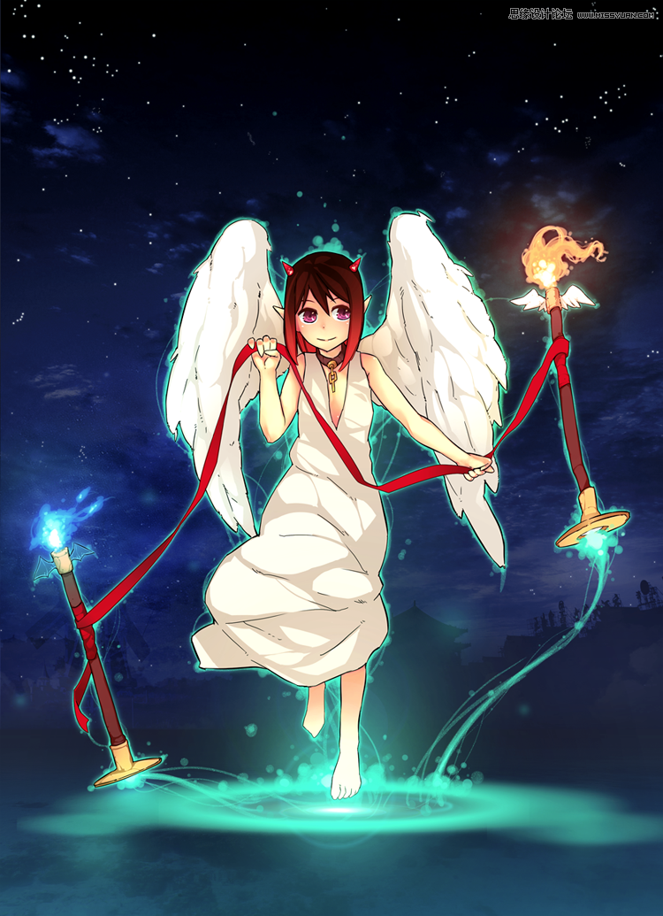 Photoshop绘画教程：可爱的天使恶魔线稿上色教程